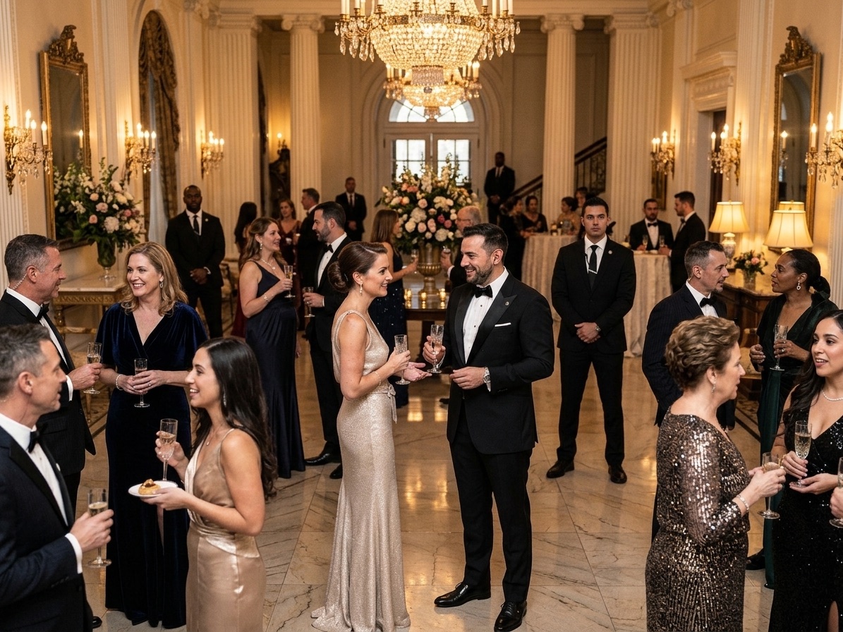 Security officers watching over guests at a black-tie gala reception