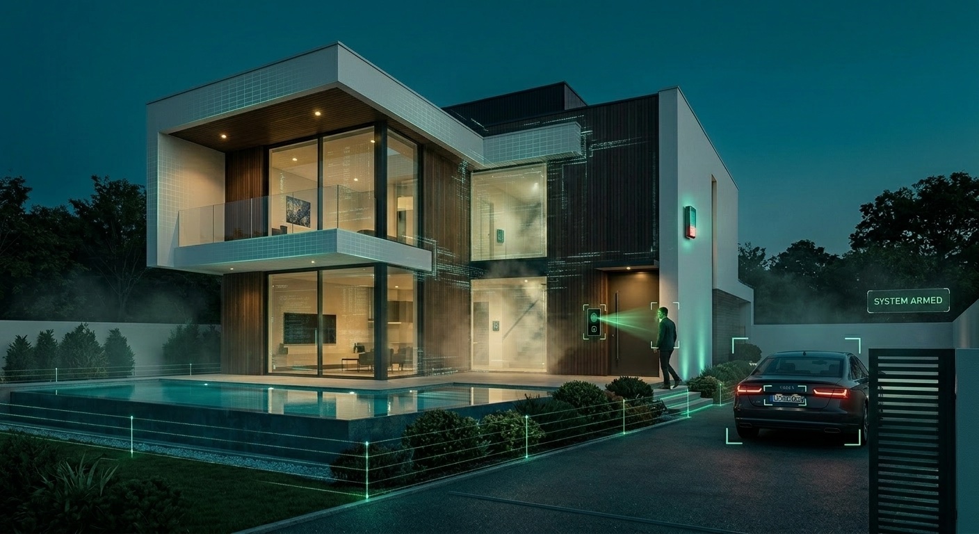 Modern hillside villa at dusk with an illuminated security perimeter, gate access control and an officer on patrol
