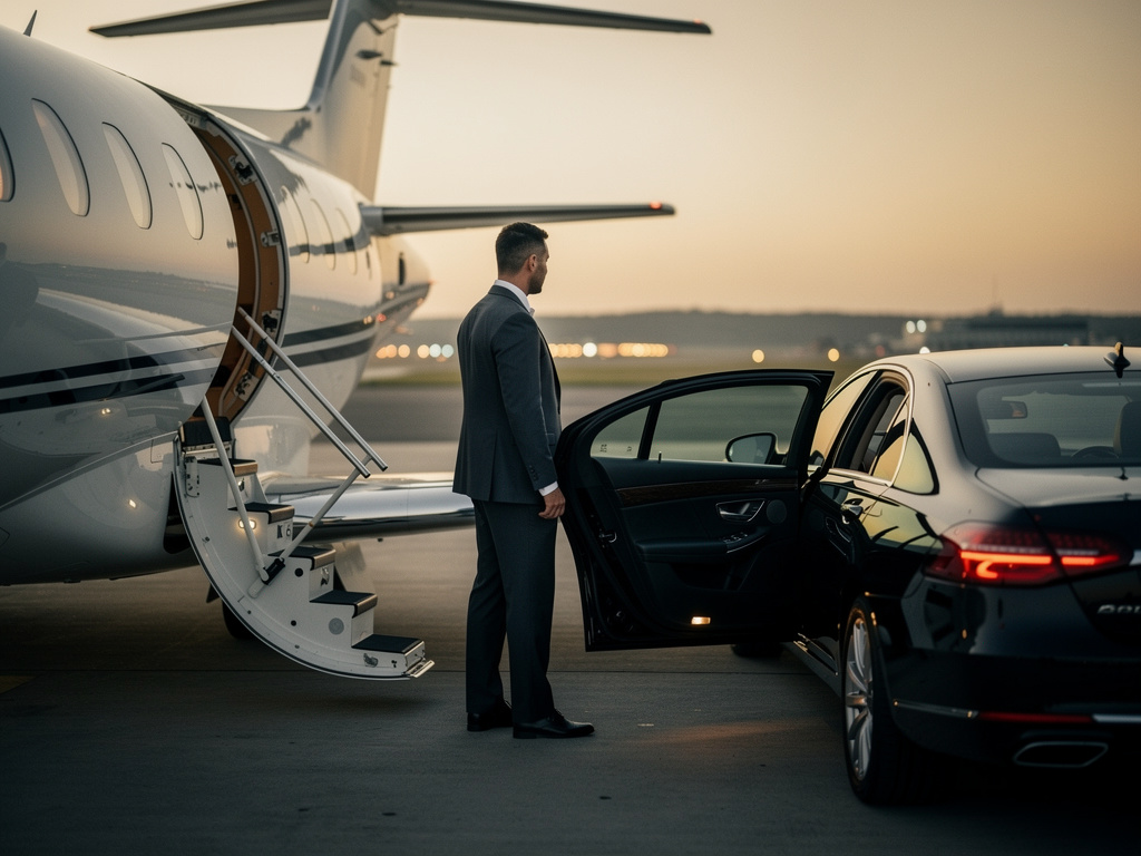 Close-protection officer overseeing the cabin-to-car hand-over between a private jet and a waiting chauffeured sedan at dusk