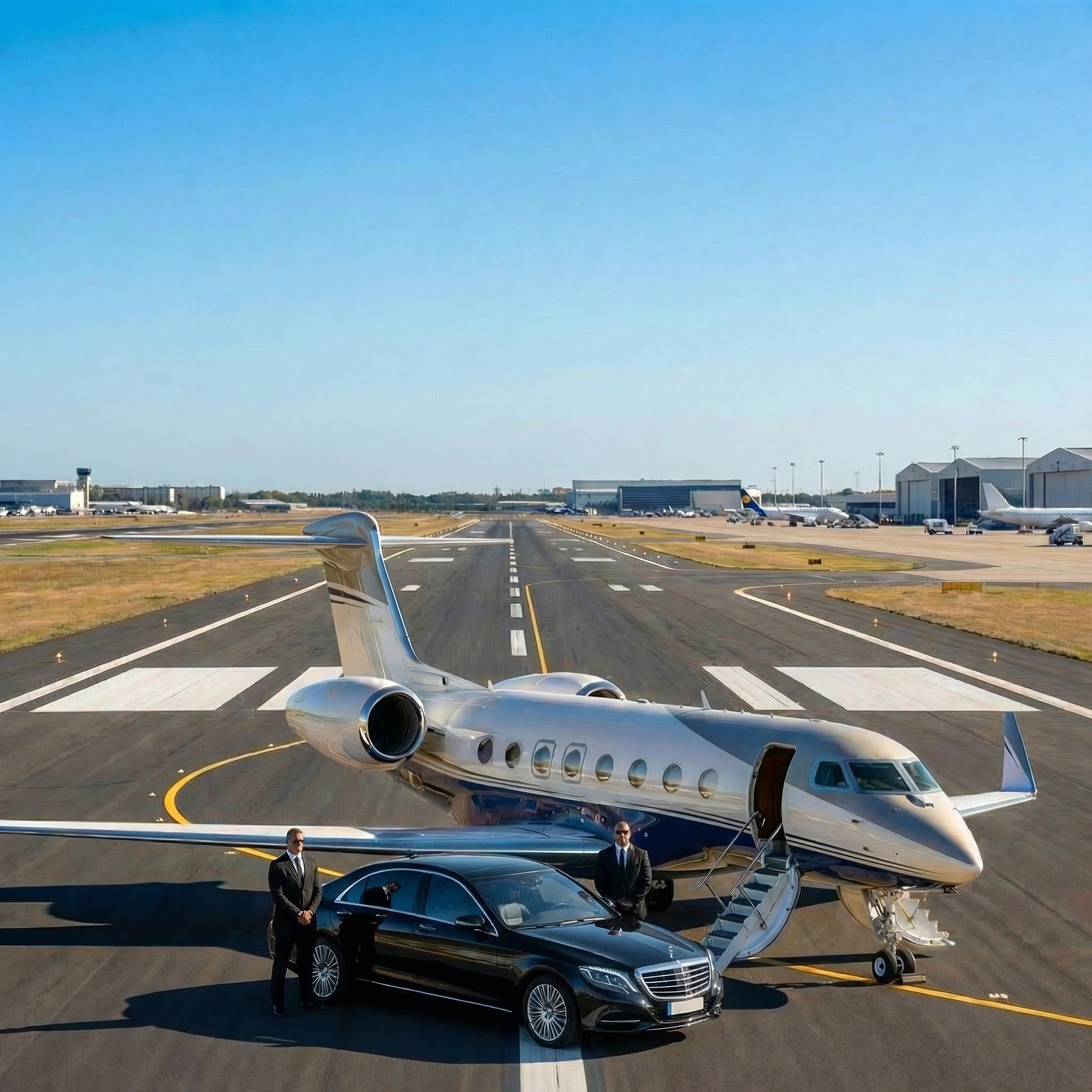 Private business jet on the ramp at a private terminal, secured before departure