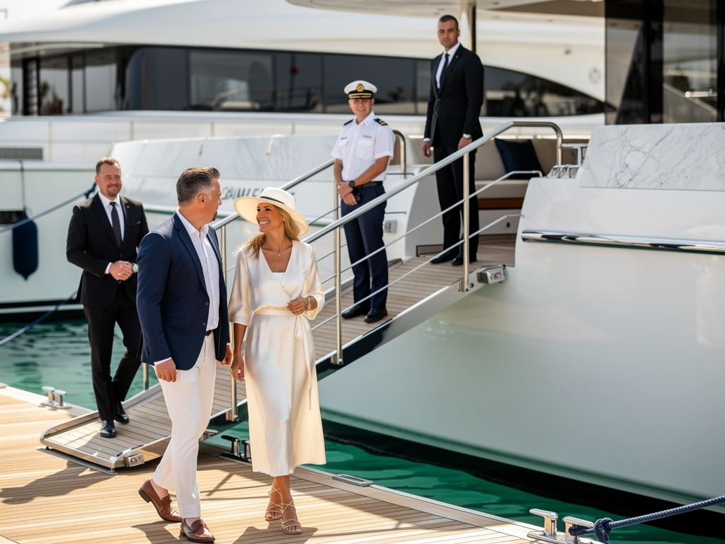 Clients disembarking a super yacht with crew and a protection officer at the passerelle